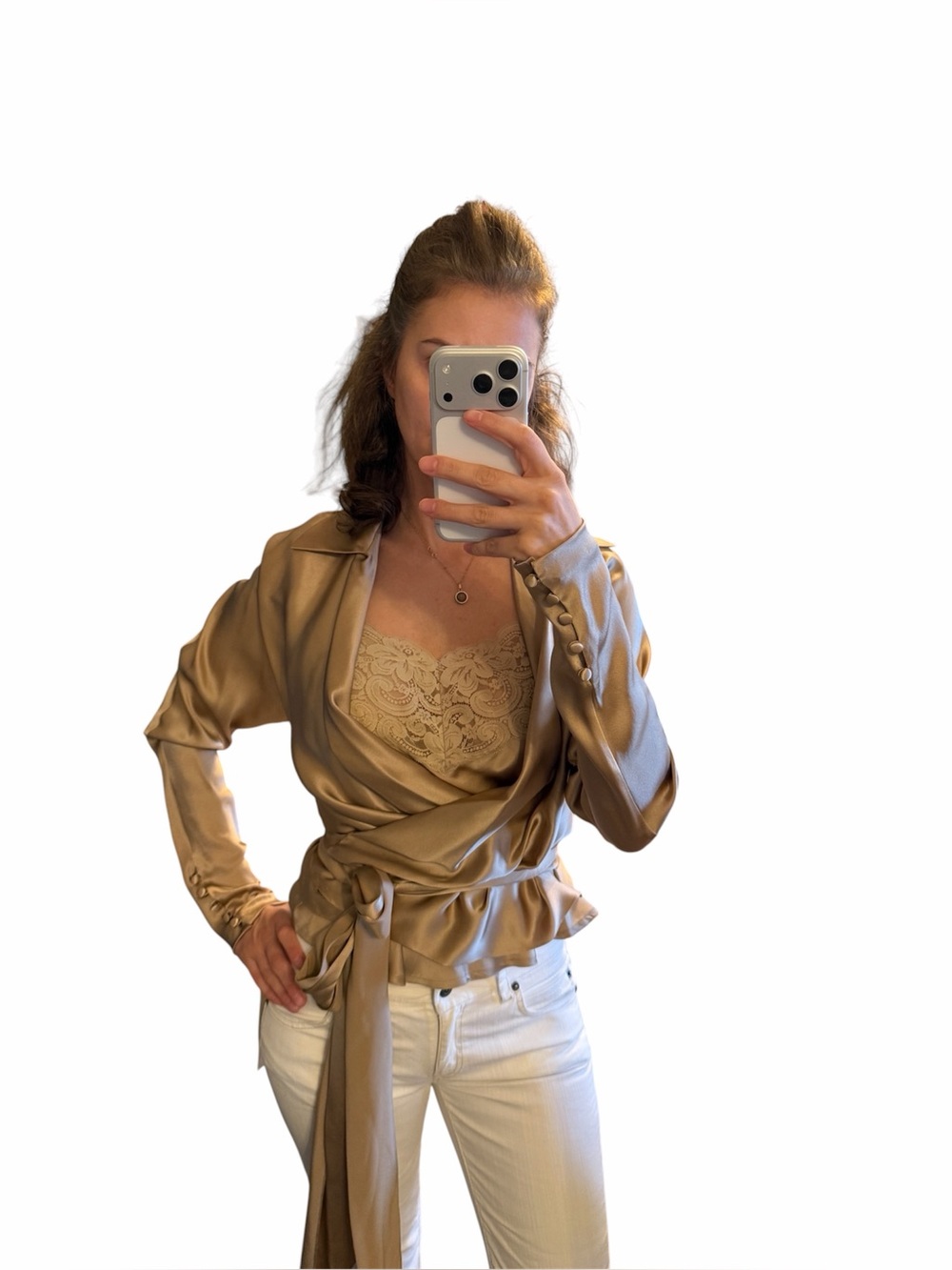 Nwt Vtg RALPH LAUREN Size 8 M Champagne Silk Solid Wrap Around Blouse/tank set